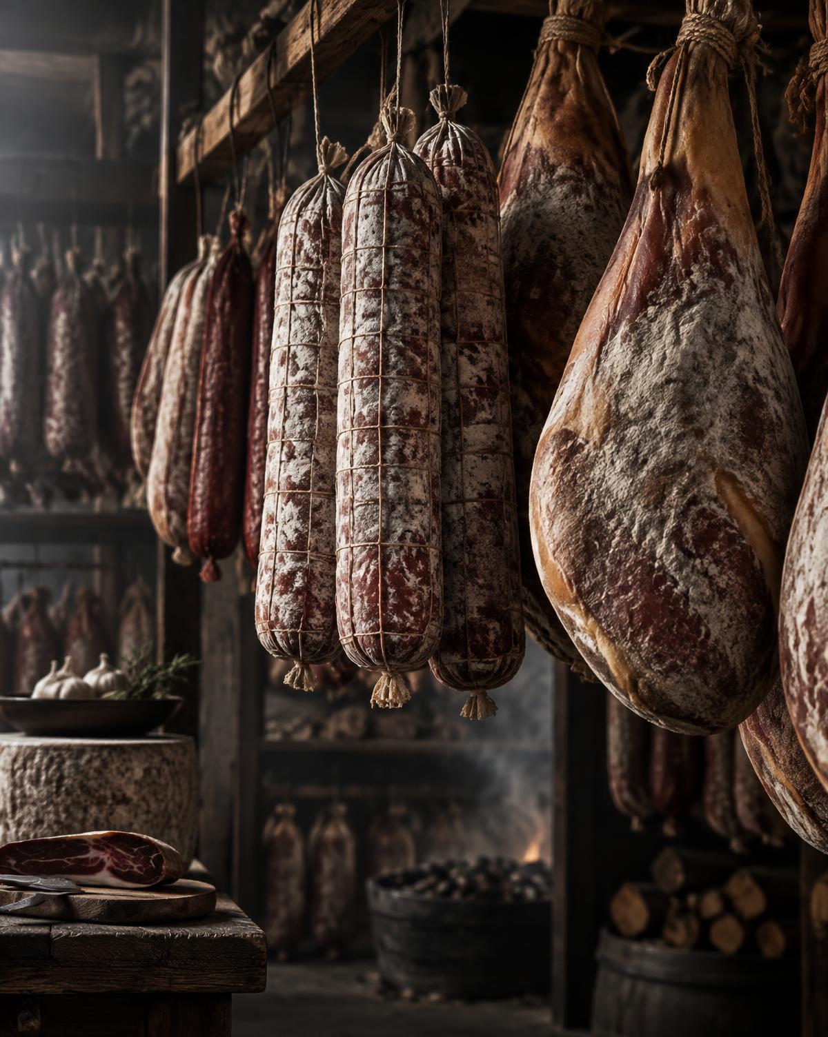 Carnes em processo artesanal de cura e maturação